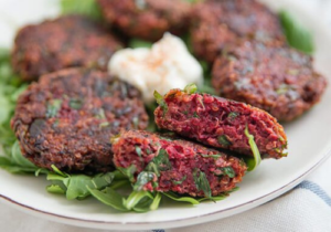 Plate full of beetroot kebabs made up of beetroot, very healthy recipe