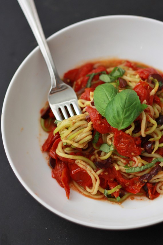 Picture of zucchini noodles dish with tomato and basil